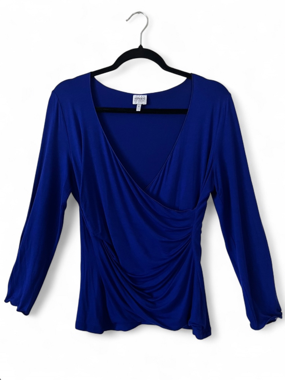 Armani Collezioni Faux Wrap Blouse Surplice Size 8 Cobalt Quiet Luxury Career